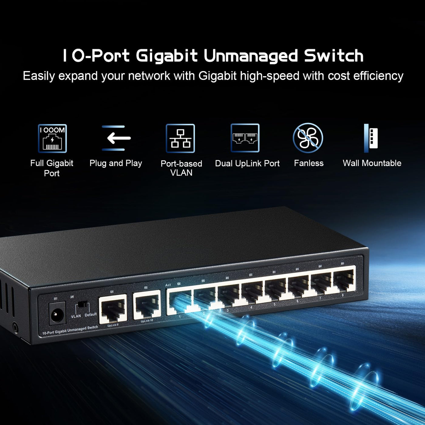 Binardat 10 Port Gigabit Ethernet Switch, 8 Ports 100/1000Mbps, 2 Gigabit Uplink, Unterstützung Vlan, Metallgehäuse Unmanaged Plug and Play