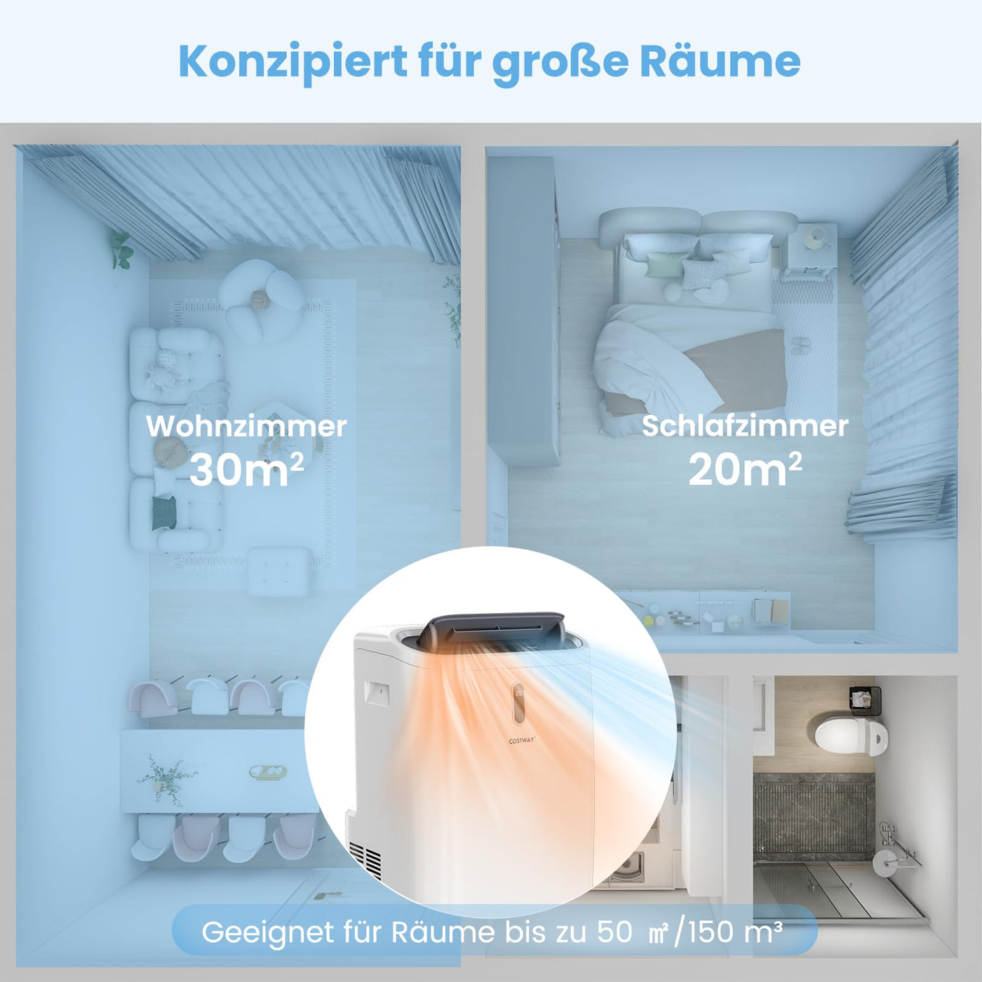 COSTWAY 16000BTU mobile Klimaanlage mit Abluftschlauch, 5 in 1 Klimagerät 4700W Heizlüfter Luftentfeuchter mit Schlafmodus, Heizen & Kühlen, Fernbedienung/App, 24H Timer