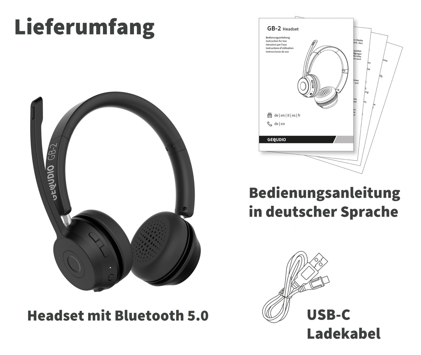 GEQUDIO GB-2 Bluetooth Headset mit Mikrofon, passives Noise Cancelling, Kopfhörer kabellos, 2 Geräte gleichzeitig verbinden (Smartphone, Handy, PC, Laptop), Wireless, Standby 500h (ohne USB-Adapter)