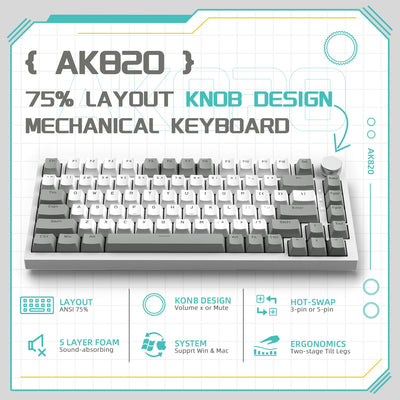 YINDIAO Ajazz AK820 Mechanische Tastatur mit Knopf,75% ANSI-Layout,81 Tasten,Kabelgebundene Gaming-Tastatur,Verbesserte Dichtungsmontage,Hot-Swap Roter Schalter,Eisweißes Licht,für PC,MAC (Grau&Weiß)