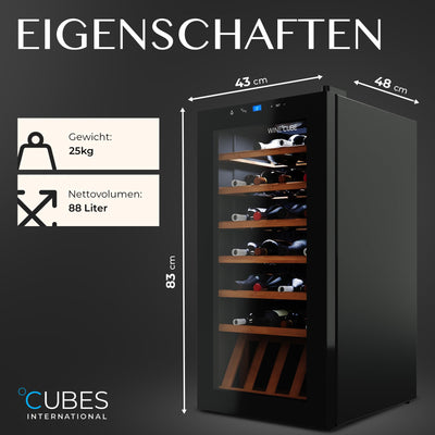 °CUBES Weinkühlschrank 28 Flaschen (90L) mit eleganter Glastür & hochwertigen Regalen aus Buchenholz | 5-18°C, vibrationsarm & leise (40dB) | Weinschrank mit LED Display - Tolles Geschenk