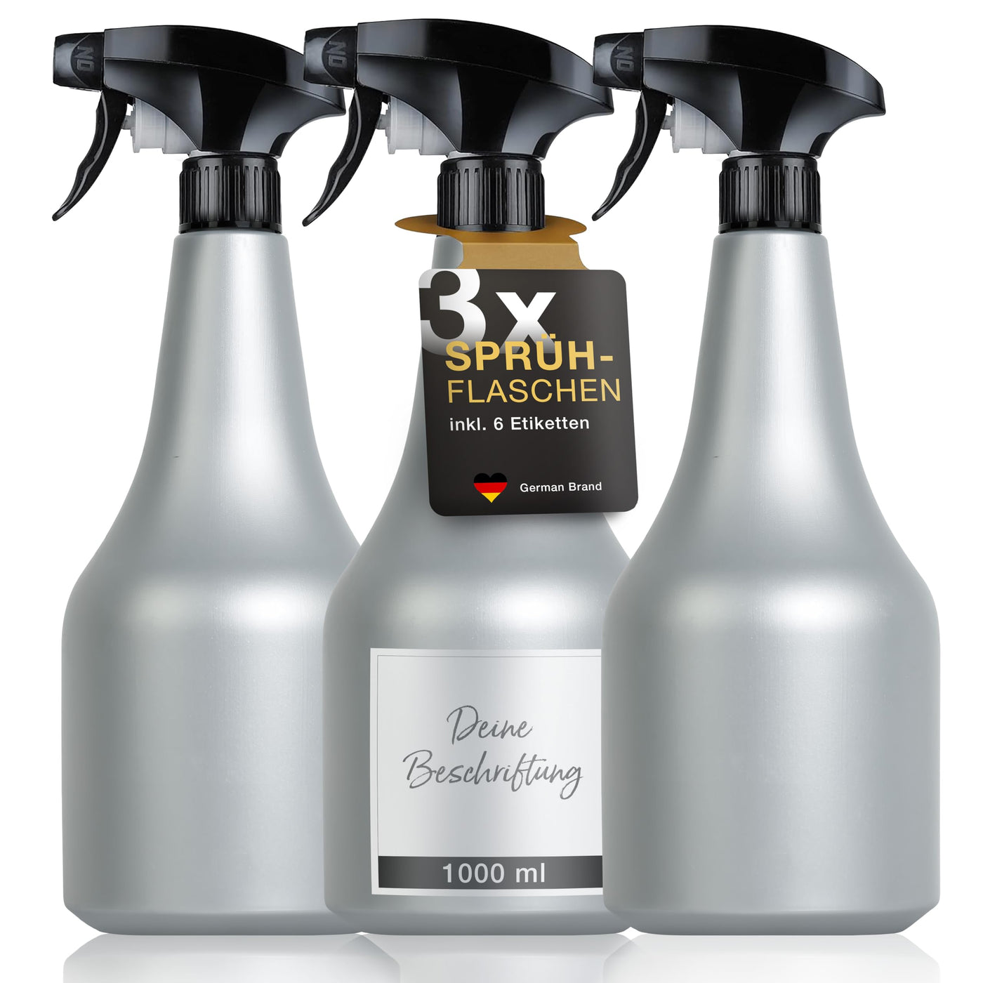 3x Große Sprühflasche 1 Liter mit Zerstäuber (inkl. beschriftbare Etiketten) | Wassersprühflasche ideal für Pflanzen, Reinigungsmittel (chemiebeständig), Garten, Autopflege | Water Spray Bottle