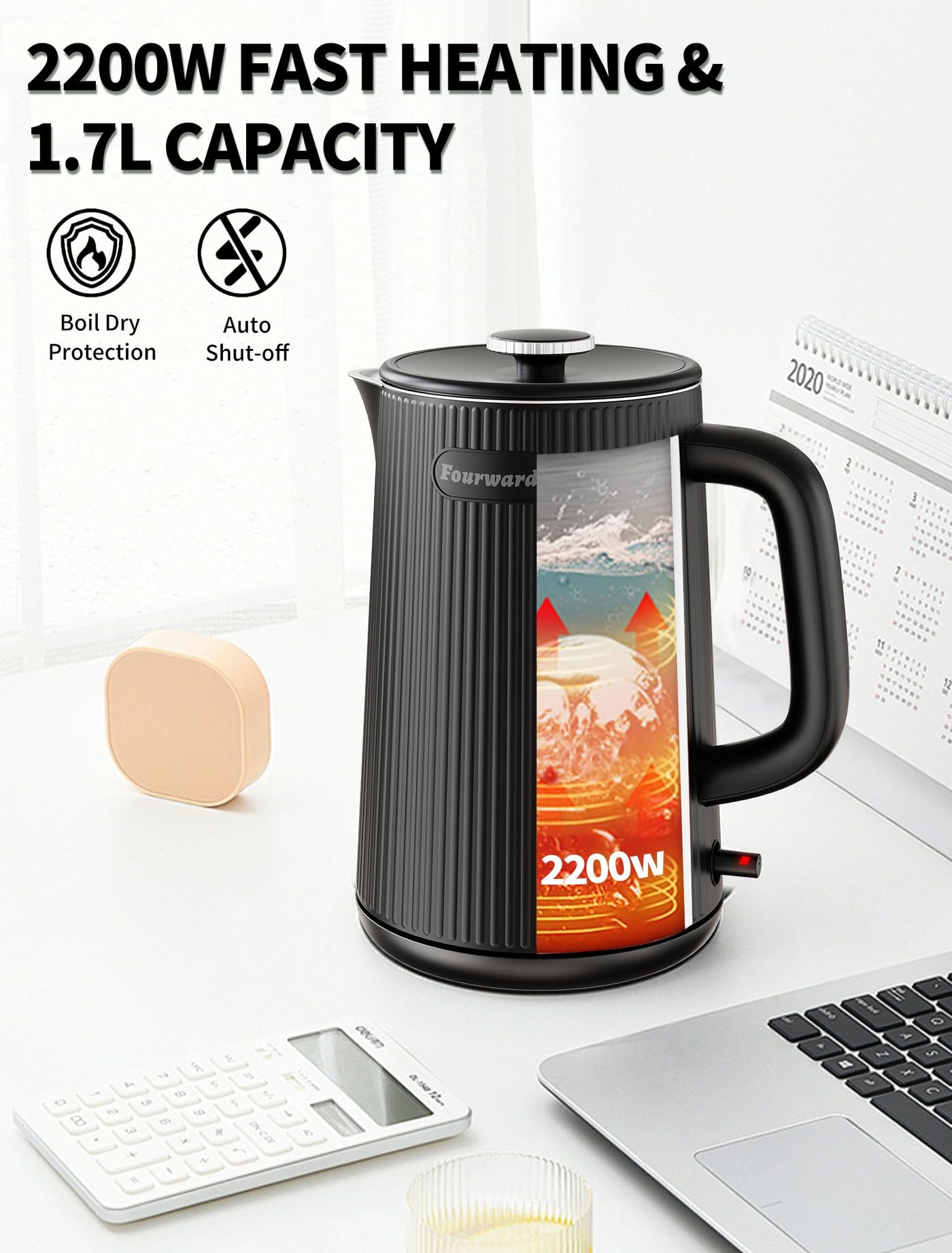 Fourward Wasserkocher - Edelstahl Kettle mit 1,7L Fassungsvermögen, 2200W Schnellkochfunktion, BPA-frei, Doppelwand Design, Schwarz