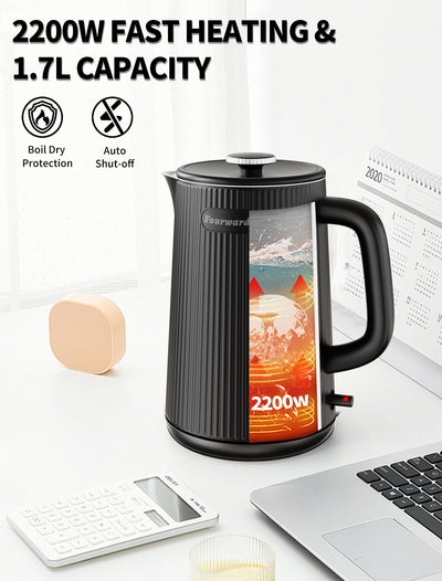 Fourward Wasserkocher - Edelstahl Kettle mit 1,7L Fassungsvermögen, 2200W Schnellkochfunktion, BPA-frei, Doppelwand Design, Schwarz