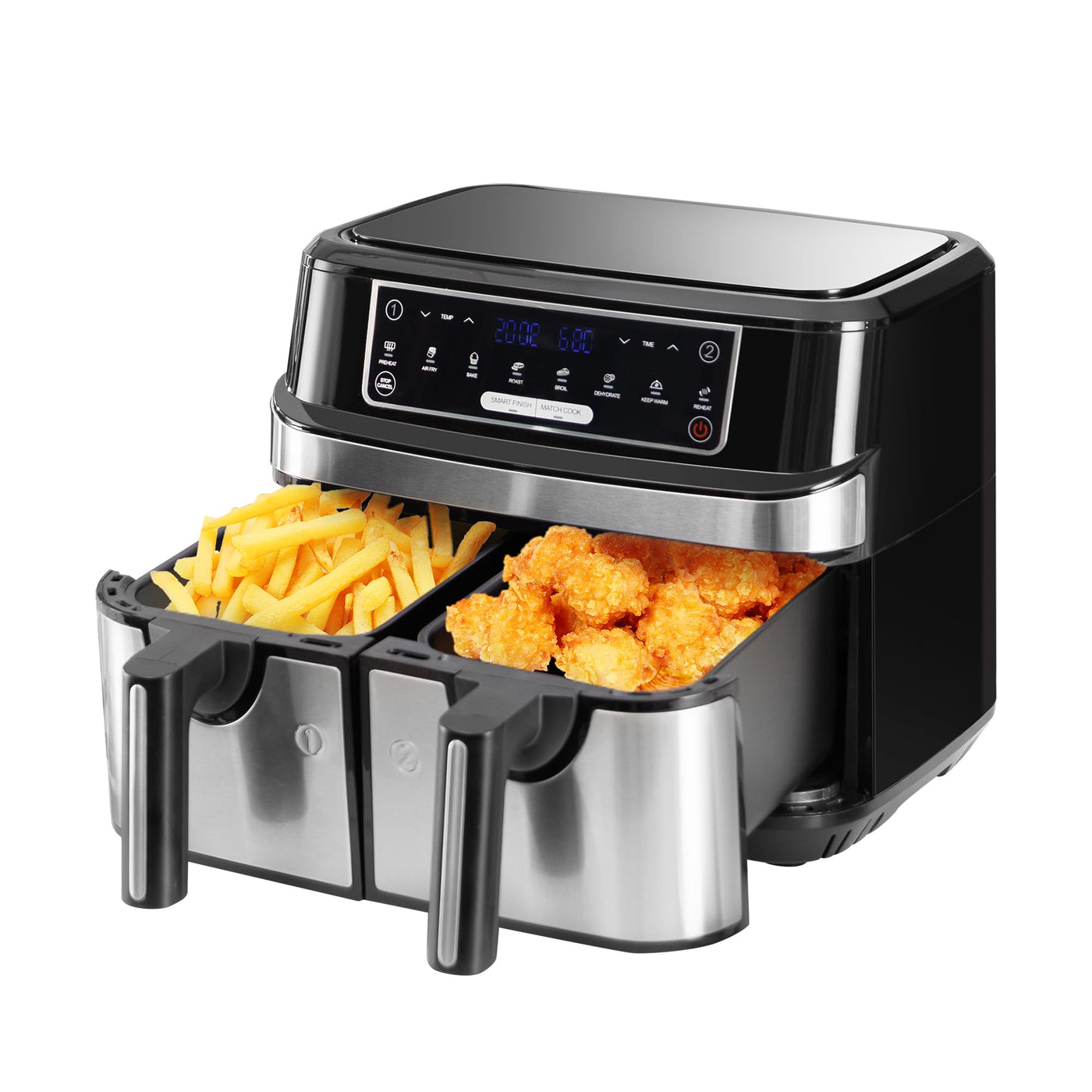 Emphsism Heißluftfritteuse Doppelkammer 9 Liter, XXL Heissluftfritteuse mit 2 unabhängige 4,5L Schublade, 8 automatische Programme, Air Fryer mit LED Touchscreen, Smart Finish & Match Cook Funktionen