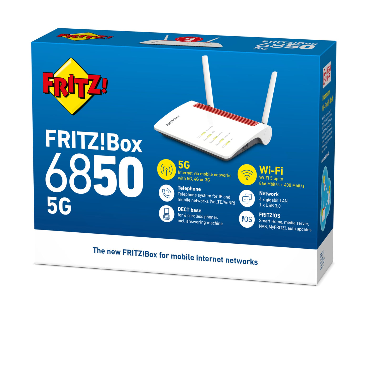 AVM Fritz!Box 6850 5G International (Mobilfunk-Internet bis zu 1.300 MBit/s, WLAN AC+N bis 866 (5 GHz) & 400 (2,4 GHz) MBit/s, 4 x Gigabit-LAN, DECT, USB 3.0, geeignet für Österreich/Schweiz)