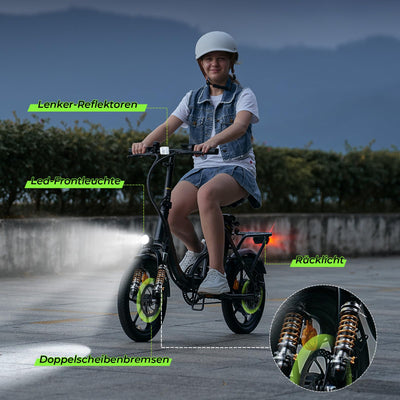 Finbike Klapprad E-Bike 16 * 2.15 Zoll Fat Tire,Tragbares Elektrofahrrad mit 10.4Ah Abnehmbarem Akku,4 Fahrmodi,PAS Reichweite MAX 88KM,Falt-Elektrofahrräder für Herren Damen Pendeln (Schwarz)