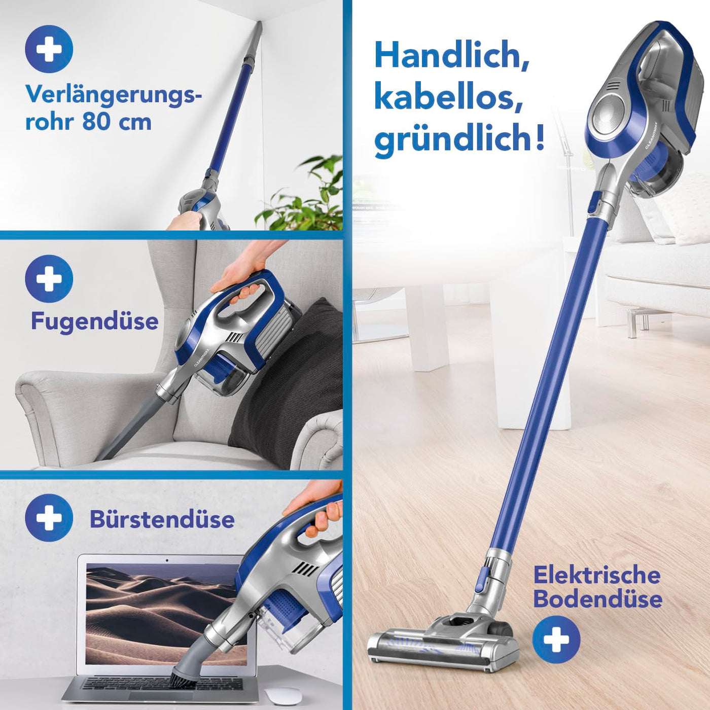 CLEANmaxx Akku-Zyklon-Staubsauger beutellos mit Akku | 2-in-1 Handstaubsauger, elektrisch rotierende Power-Rotation Düse | Energiesparen, 150 Watt [Blau/Grau]