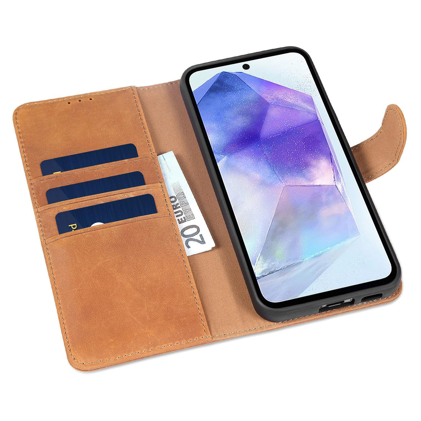 LENSUN Echtleder Hülle für Samsung Galaxy A55, Handyhülle [Echtes Leder][Kartenfach][RFID Schutz] Handytasche Flip Lederhülle für Samsung Galaxy A55 5G - Vintage Braun