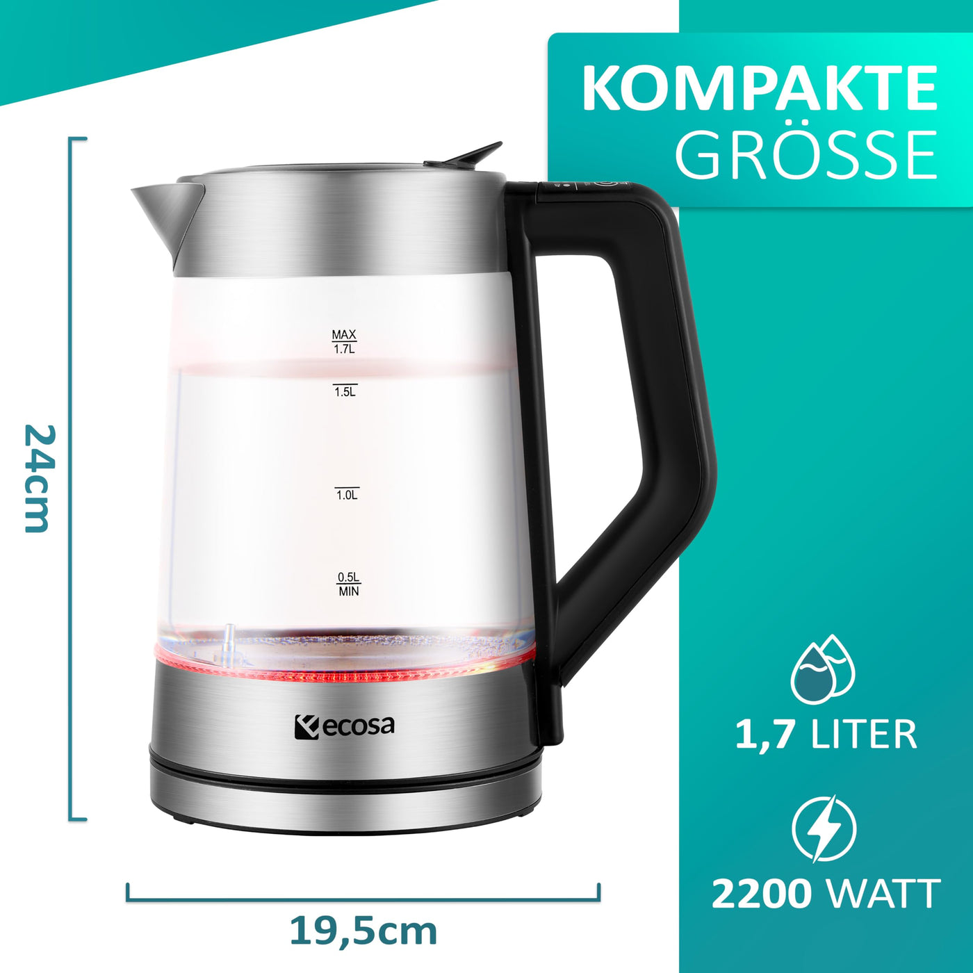 Glas Wasserkocher 1,7 Liter | 2200 Watt | Edelstahl mit Temperaturwahl | Teekocher | 100% BPA FREI | Warmhaltefunktion | LED Beleuchtung im Farbwechsel | Temperatureinstellung (50°C-100°C)