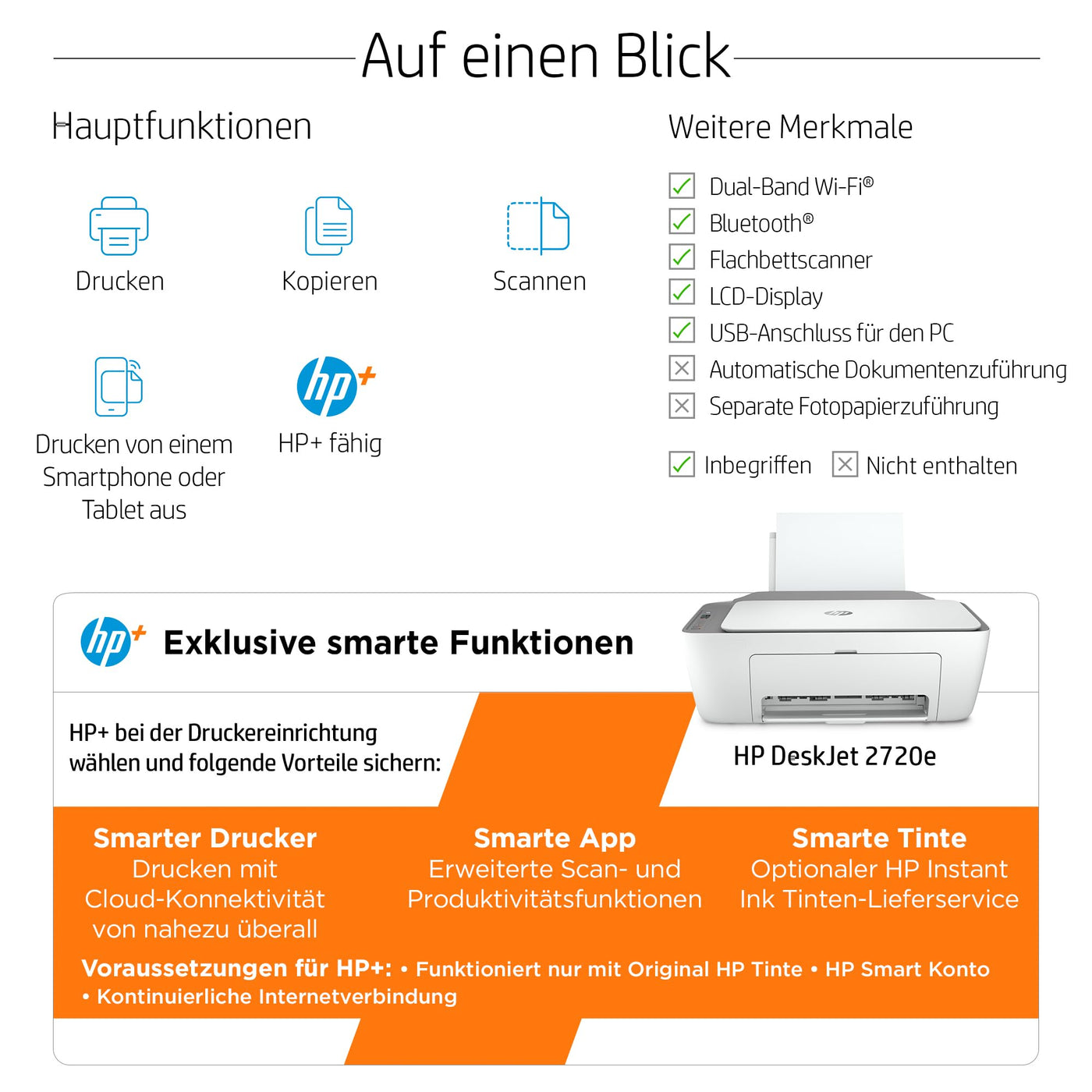 HP DeskJet 2720e Multifunktionsdrucker, 6 Monate gratis drucken mit HP Instant Ink inklusive, Drucker, Scanner, Kopierer, WLAN