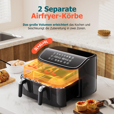 Dual Zone Heißluftfritteuse 2 kammern, Air fryer 9L Separate Antihaftbeschichtung, Airfryer 3L & 6L mit Sync-Finish Funktion, 6-in-1 Kochvorgaben, Touchscreen, Timer-Funktion, Gesunde Friteuse ohne Öl