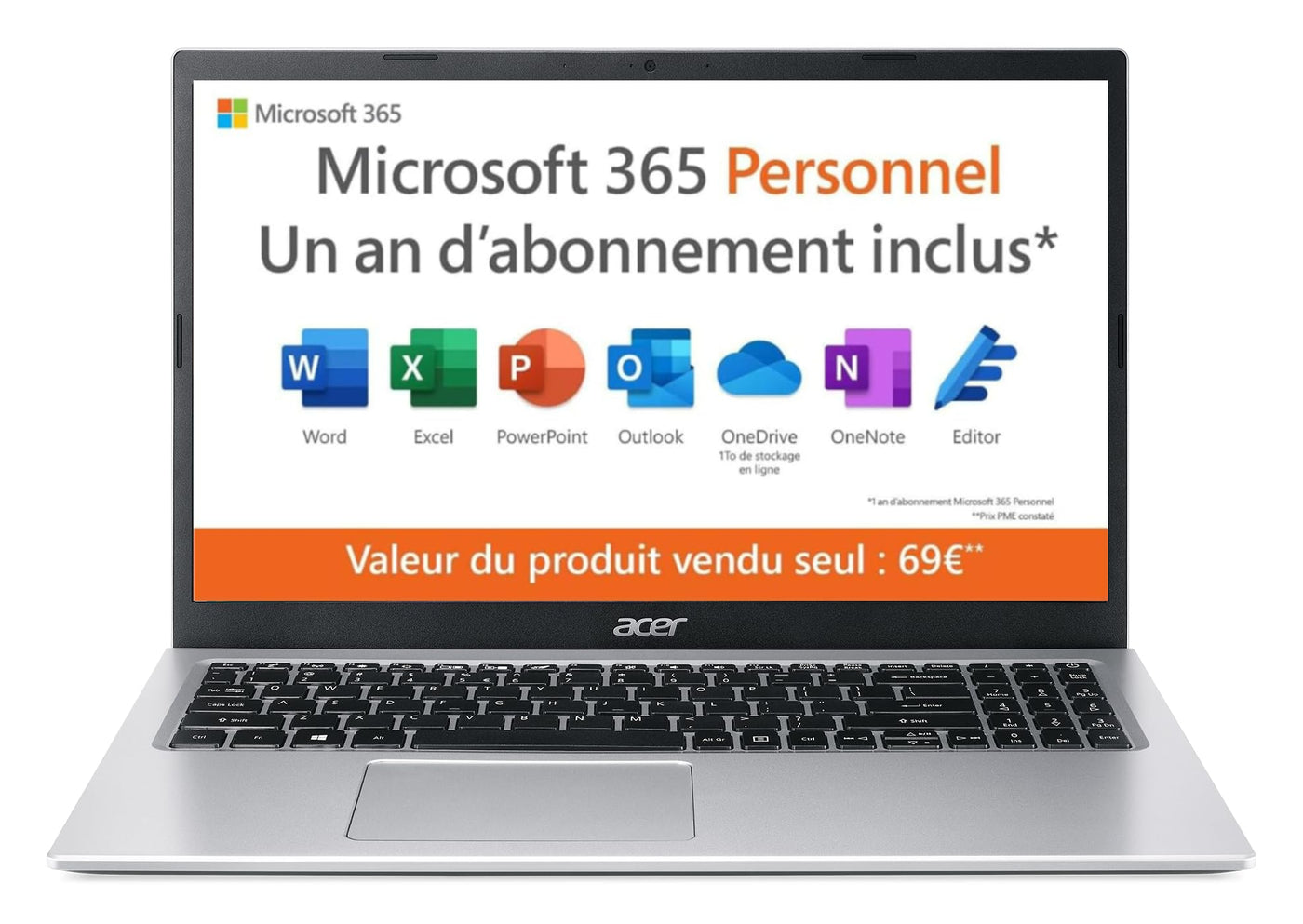 Acer Aspire 1 A115-32-C3AK Ordinateur Portable 15.6" FHD (Intel® Celeron® N4500, Ram 4 Go, 128 Go eMMC, Intel UHD Graphic, Windows 11) - Clavier AZERTY, Laptop Gris + Microsoft 365 Personnel Inclus