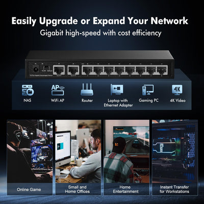 Binardat 10 Port Gigabit Ethernet Switch, 8 Ports 100/1000Mbps, 2 Gigabit Uplink, Unterstützung Vlan, Metallgehäuse Unmanaged Plug and Play