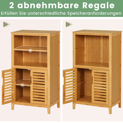 VIAGDO Badezimmerschrank Bambus, Badschrank mit 2 offenen Fächern und 2 Lamellentüren, Küchenschrank, multifunktional Schrank für Badezimmer, Wohnzimmer, Küche, Flur, 50 x 92,3 x 29 cm (B x H x T)