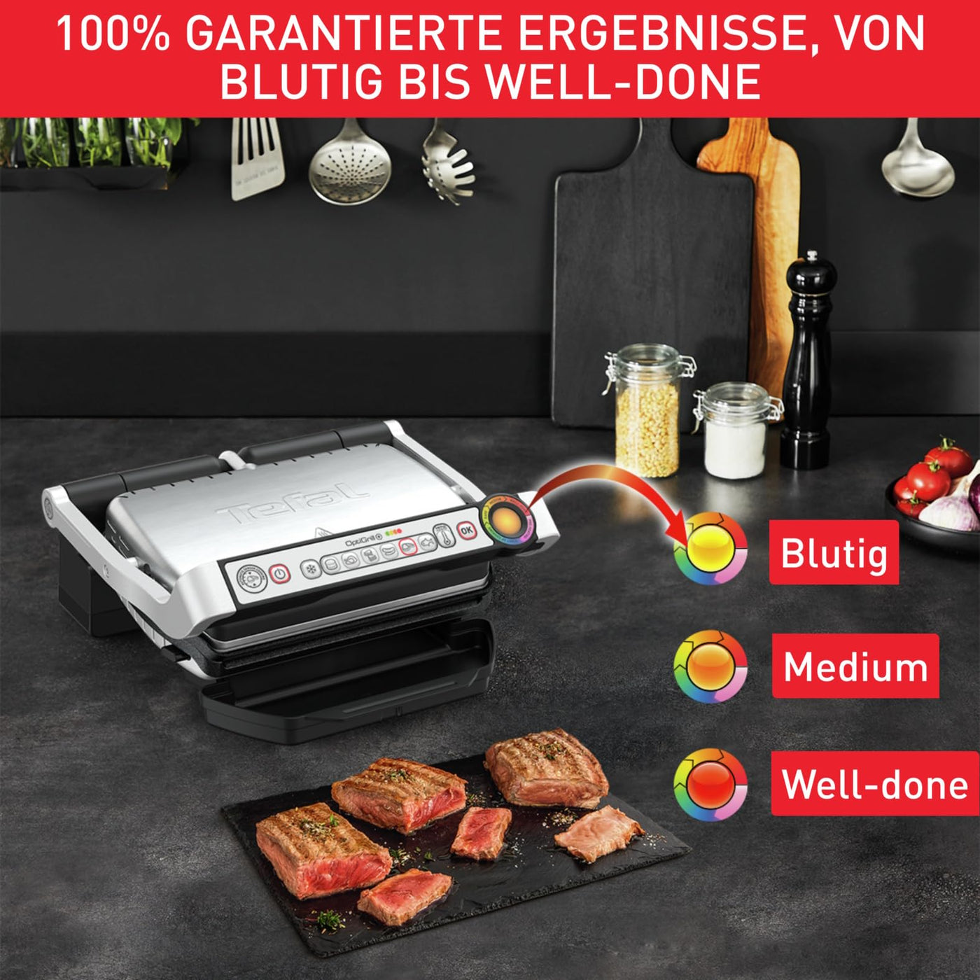 Tefal OptiGrill & Bake Kontaktgrill mit Backschale, 6 Programme, Garstufenanzeige, Abnehmbare Platten, Elektrogrill, Edelstahl, GC714D10, Silber