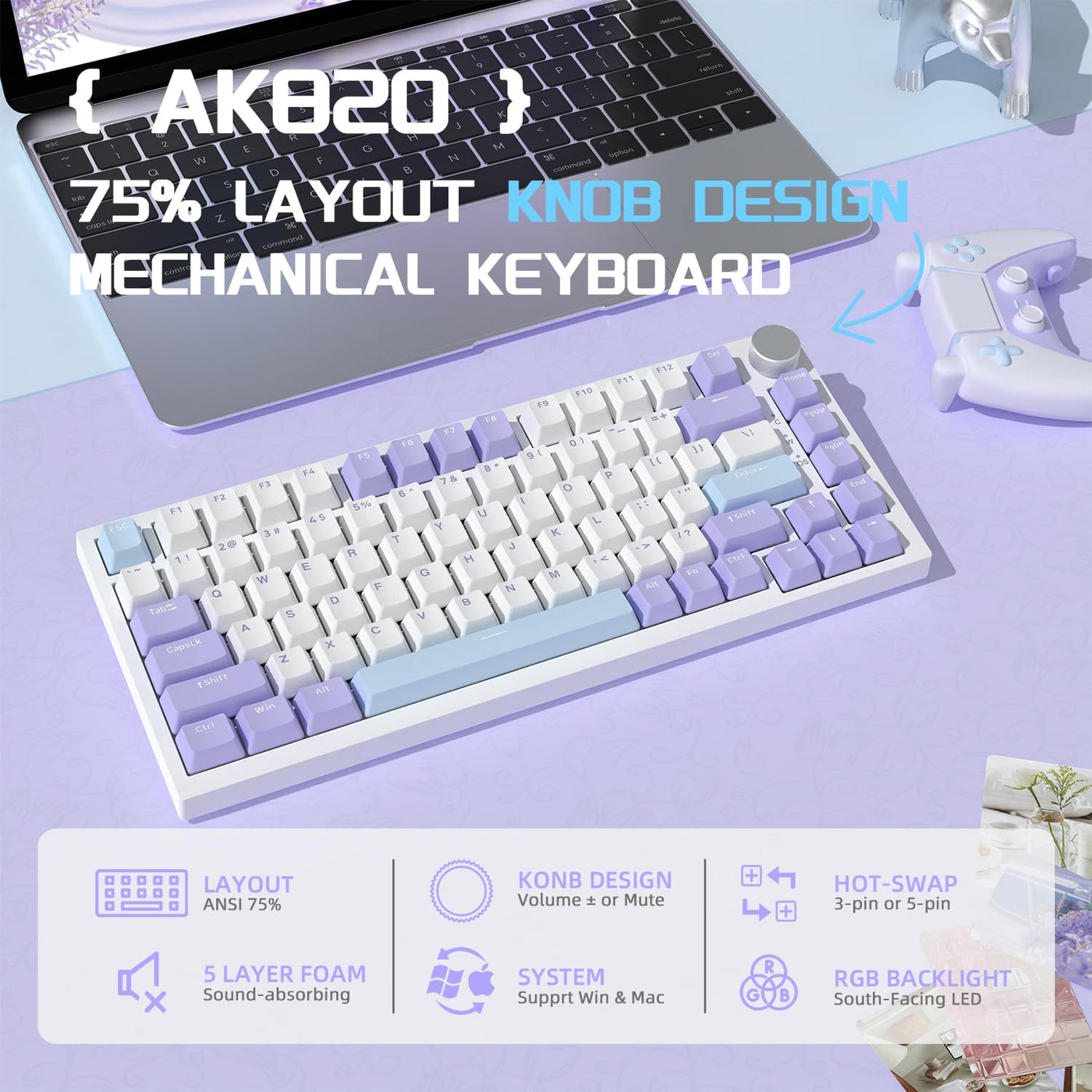 YINDIAO AK820 Mechanische Tastatur mit Knopf,75% ANSI-Layout,82 Tasten,Kabelgebundene Gaming-Tastatur,Verbesserte Dichtungsmontage,Hot Swappable,Custom Linearer Schalter,RGB-Licht,für PC,MAC (Lila)