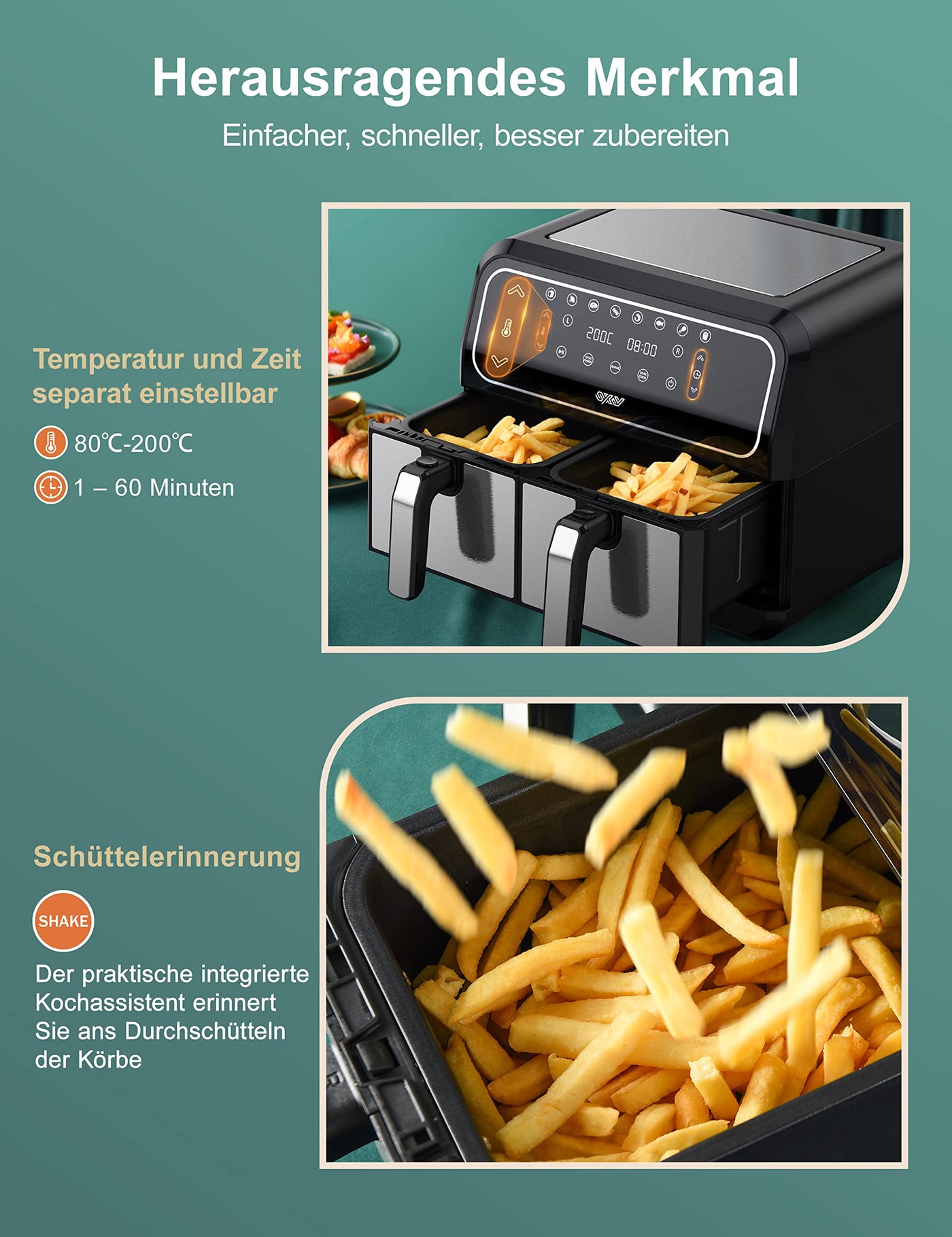 Innsky Dual Zone Heißluftfritteuse 2 Kammernr 8L, 8 Programmen Heissluftfritteuse Doppelt, Airfryer mit 2 Körben, Friteuse Heissluft ohne Öl, Dual Cook, Synchronisieren Fertig Technik, Shake-Modus