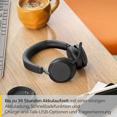 Jabra Evolve2 75 Wireless PC Headset mit 8-Mikrofon-Technologie - Dual-Foam-Stereo-Kopfhörer mit moderner aktiver Geräuschunterdrückung, USB-A Bluetooth-Adapter und MS Teams-Kompatibilität - Schwarz