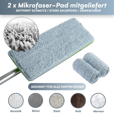 EasyGleam Mop und Eimer Set - Flachbodenmopp mit Teleskopstange, Innovativer Mop Zweikammer Eimer für Nass- und Trockenanwendung, 2 Mikrofaserpads, Perfekt für Alle Bodenarten, Reinigung und Pflege