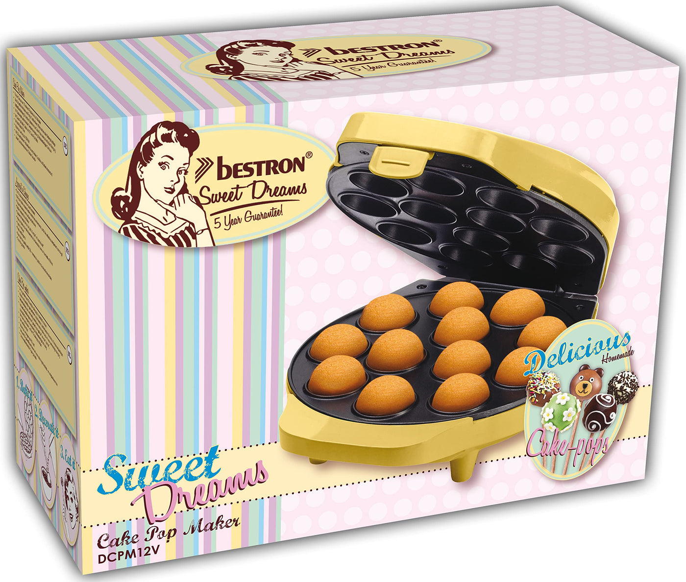 Bestron Waffeleisen für Cake-Pop's im Retro Design, Cake-Pop-Maker inkl. Cake-Pop-Butler, Gabel & 12 Cake-Pop-Sticks, mit Antihaftbeschichtung, 700 W, Farbe: Gelb