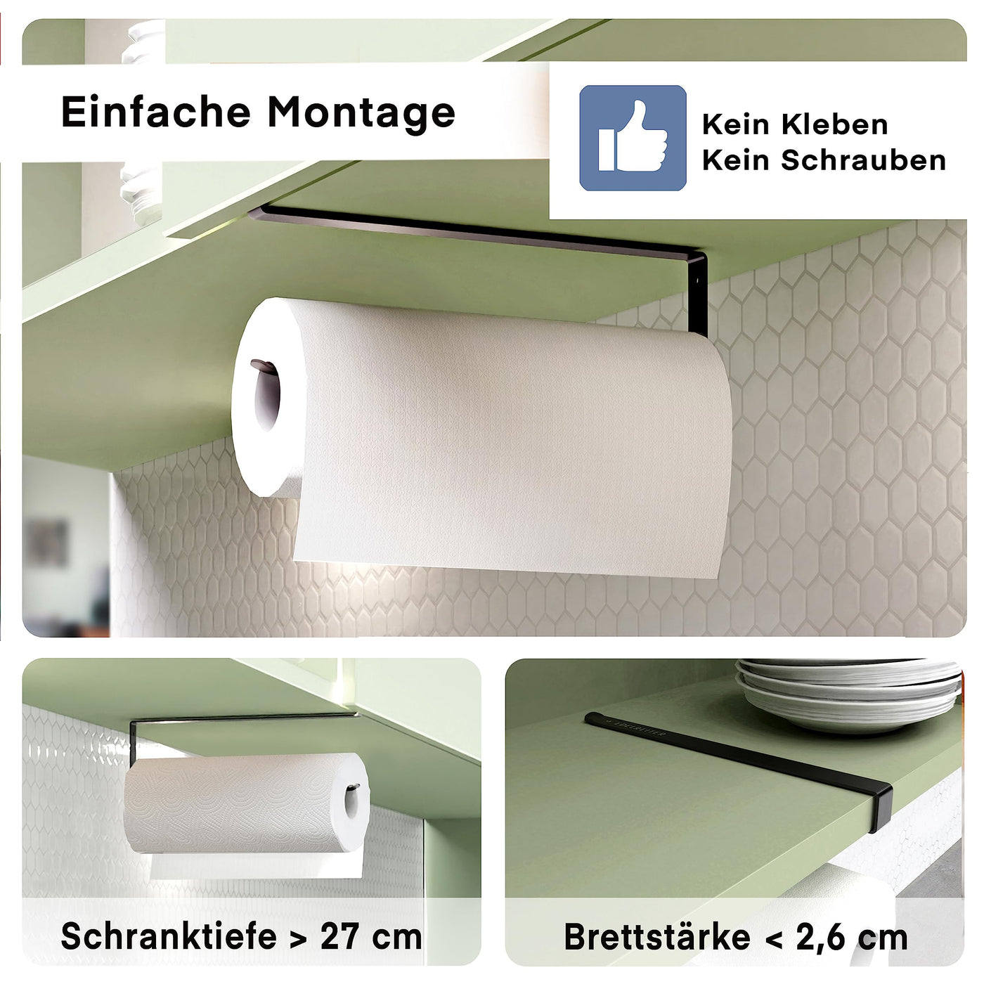 EDELREITER® Küchenrollenhalter ohne Bohren | hochwertiger Küchenrollenhalter Edelstahl | Halter Küchenrolle | kein Kleben | Küche Organizer | Küchenrollenhalter schwarz | ZEWA Rollenhalter