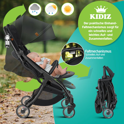 KIDIZ® Kinderwagen Premium Kinderbuggy klappbar Liegebuggy Sportwagen Faltbar 360°Räder 5-Punkt Gurt Inkl. Getränkehalter & Regenabdeckung, verstellbare Rückenlehne & Sonnenverdeck Schwarz