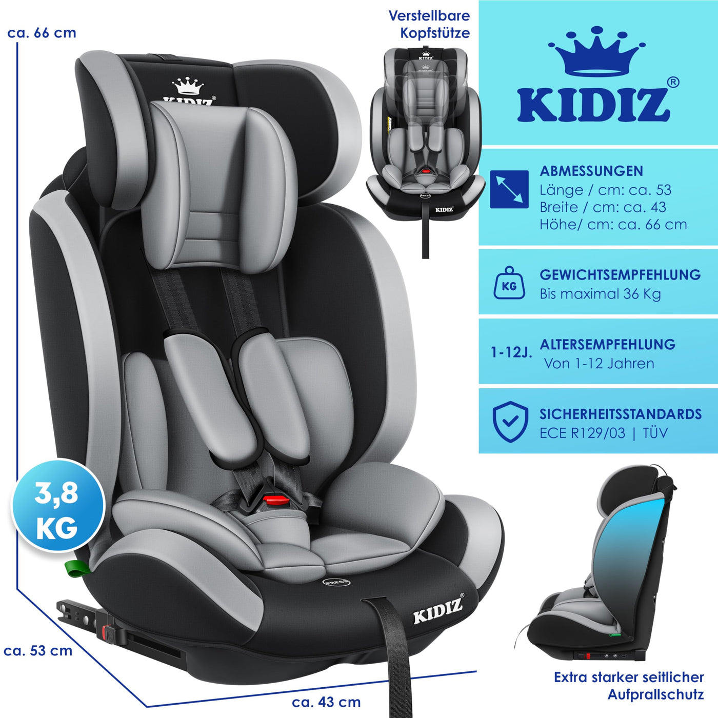 KIDIZ® Autokindersitz Kinderautositz mit Isofix Gruppe 1+2+3 9-36 kg 5-Punkt-Sicherheitsgurt, Autositz, Kindersitz, Einstellbare Kopfstütze | Mitwachsende Sitzerhöhung 1-12 Jahre, Stabil und Sicher