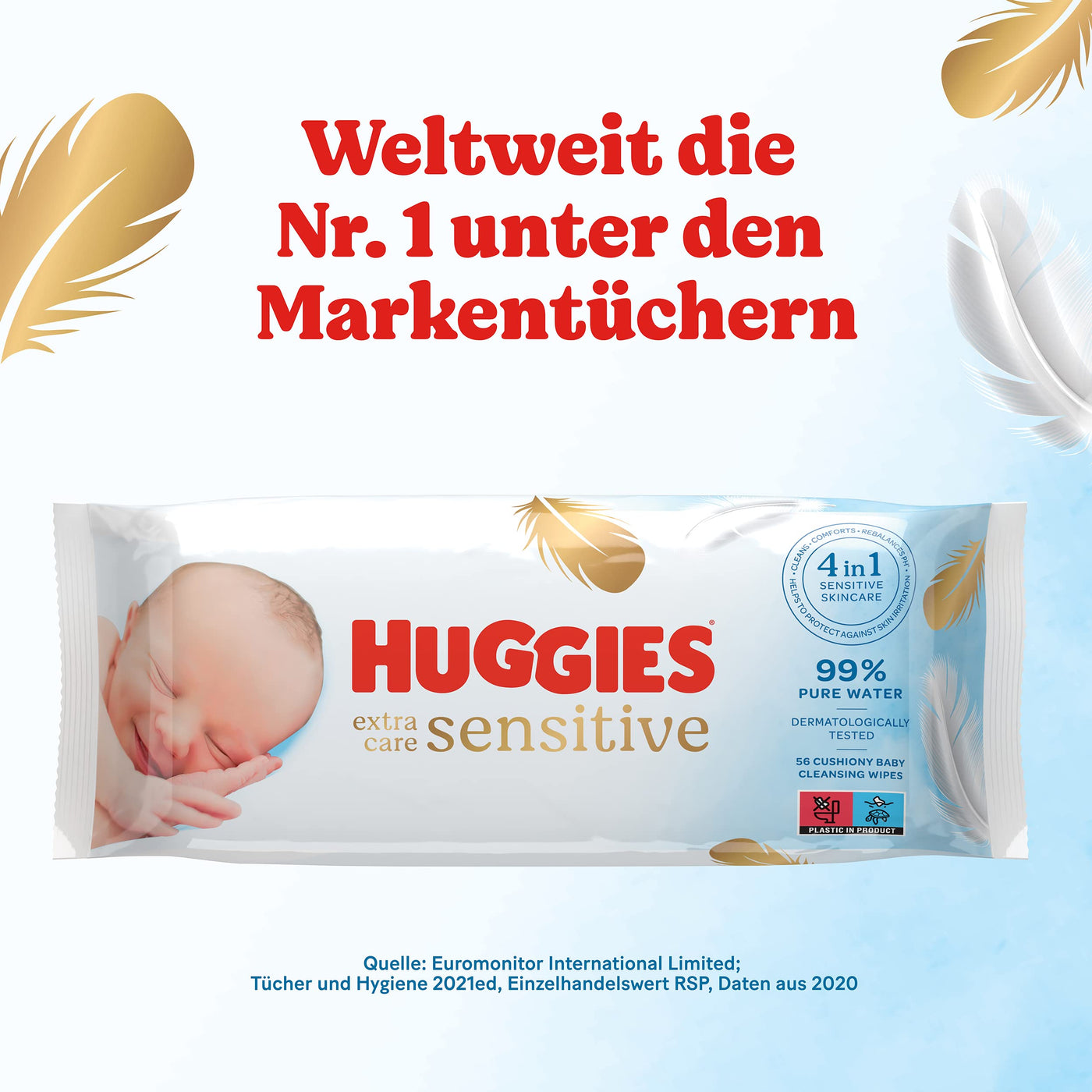 Huggies Pure Extra Care Sensitive Baby-Feuchttücher, Für den ganzen Körper, 99 % reines Wasser, Parfümfrei, 8 x 56 Tücher, Monatsbox