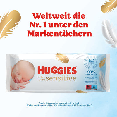 Huggies Pure Extra Care Sensitive Baby-Feuchttücher, Für den ganzen Körper, 99 % reines Wasser, Parfümfrei, 8 x 56 Tücher, Monatsbox