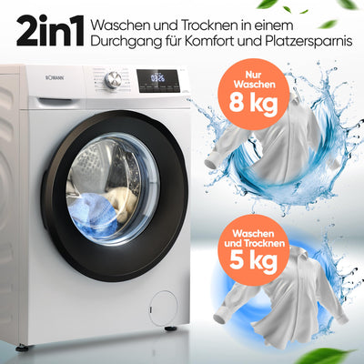 Bomann® Waschtrockner | Waschen und Trocknen in einem Durchgang | 8 kg Waschen, 5 kg Trocknen | Invertermotor | 1400 U/Min | Dampffunktion | Waschmaschine mit Trockner integriert | WAT 7186 weiß