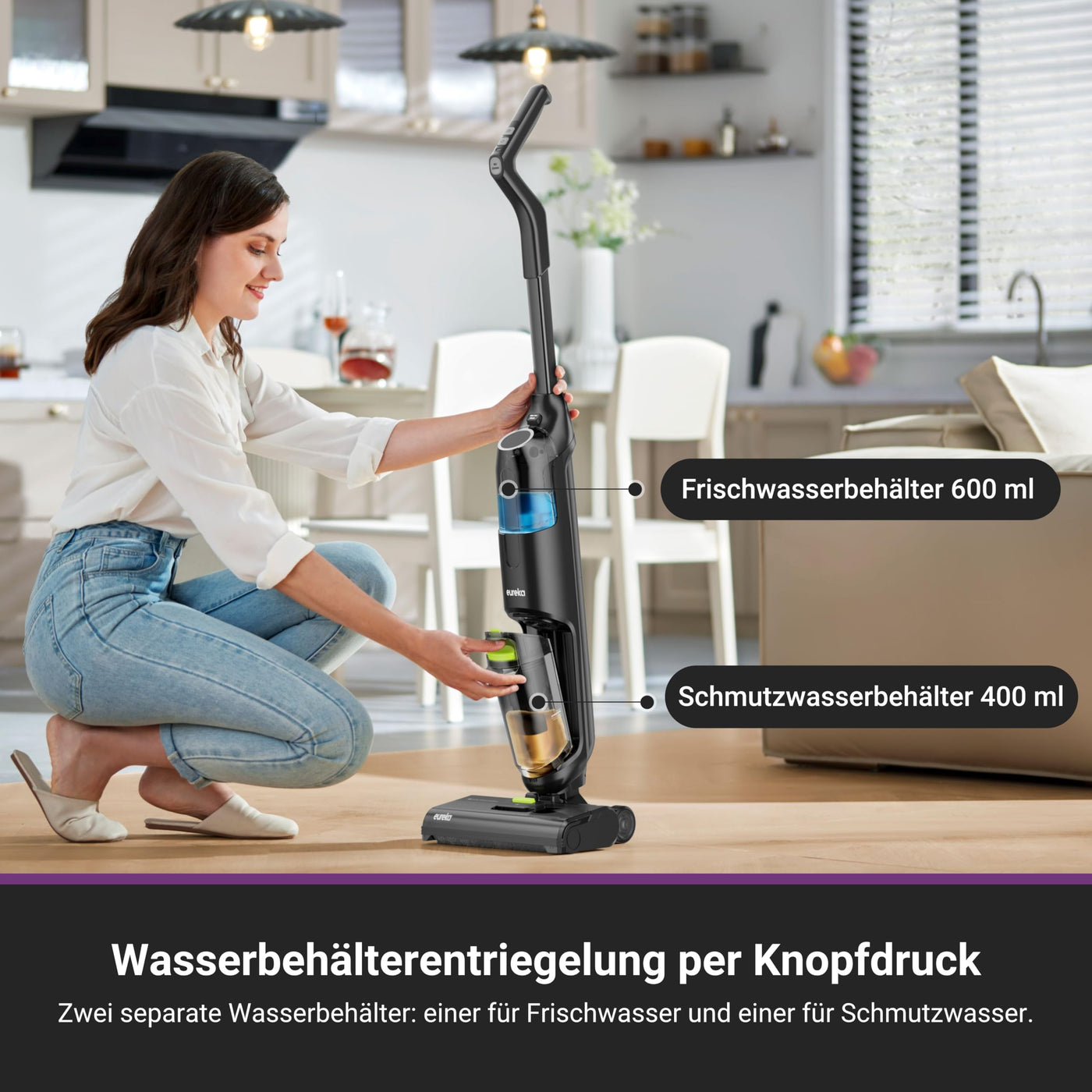 EUREKA NEW400 Nass-Trockensauger Kabelloser,Smart Nass-Trocken-Staubsauge mit Dual-Tank-Design,Selbstreinigung Bodenreiniger,Leicht Wischsauger Kabellos für Hartböden, Tierhaare, Essensreste