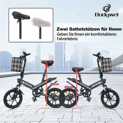 Bodywel T16 Mini E Bike 16 Zoll Elektrofahrrad 250W 36V/10.4AH Akku mit APP Funk Max 55km 4.5 Zoll LED Display Vollfederung für Herren Damen (Blau)