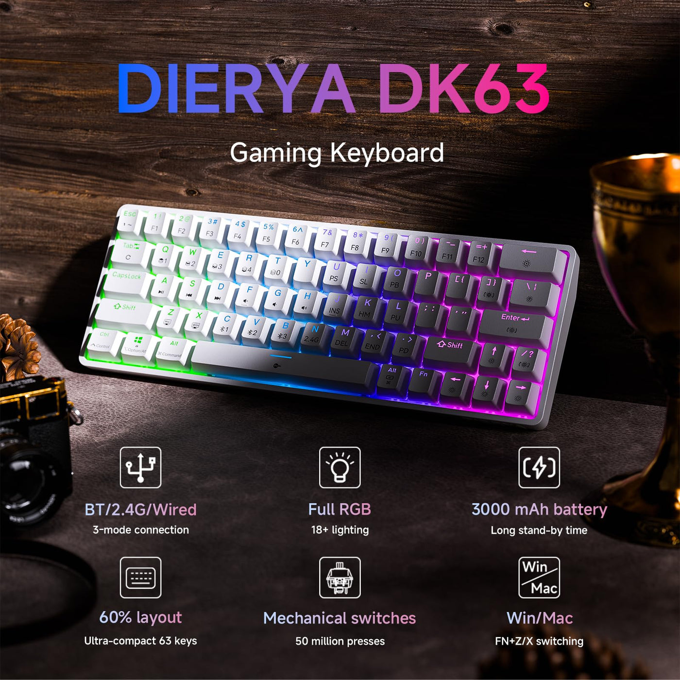 Dierya DK63 Gaming Tastatur,60% Kabellos Mechanische Tastatur mit Bluetooth/2.4G/Typ-C,Compact 63 Tasten Anti-Ghosting,RGB-Hintergrundbeleuchtung,US Layout,Linear Red Switch,weiße