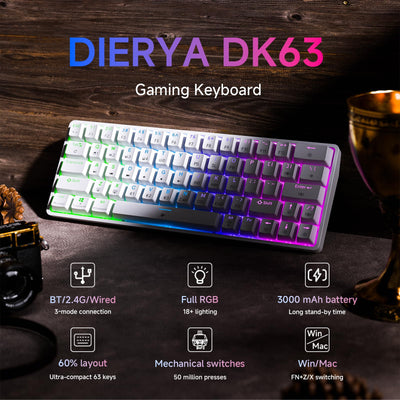 Dierya DK63 Gaming Tastatur,60% Kabellos Mechanische Tastatur mit Bluetooth/2.4G/Typ-C,Compact 63 Tasten Anti-Ghosting,RGB-Hintergrundbeleuchtung,US Layout,Linear Red Switch,weiße