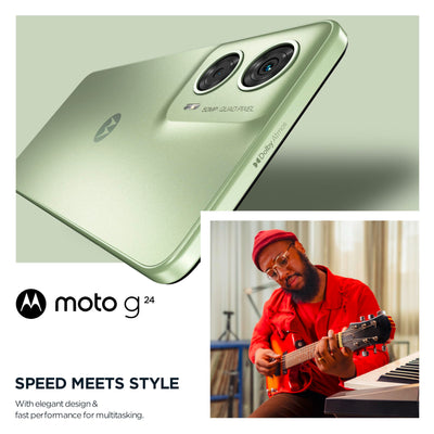 Motorola Mobility Moto g24 Smartphone (6,56"-HD+-Display, 50-MP-Kamera, 8/128 GB, 5000 mAh, Android 14) Ice Green, inkl. Schutzcover + Handyhalterung [Exklusiv bei Amazon]