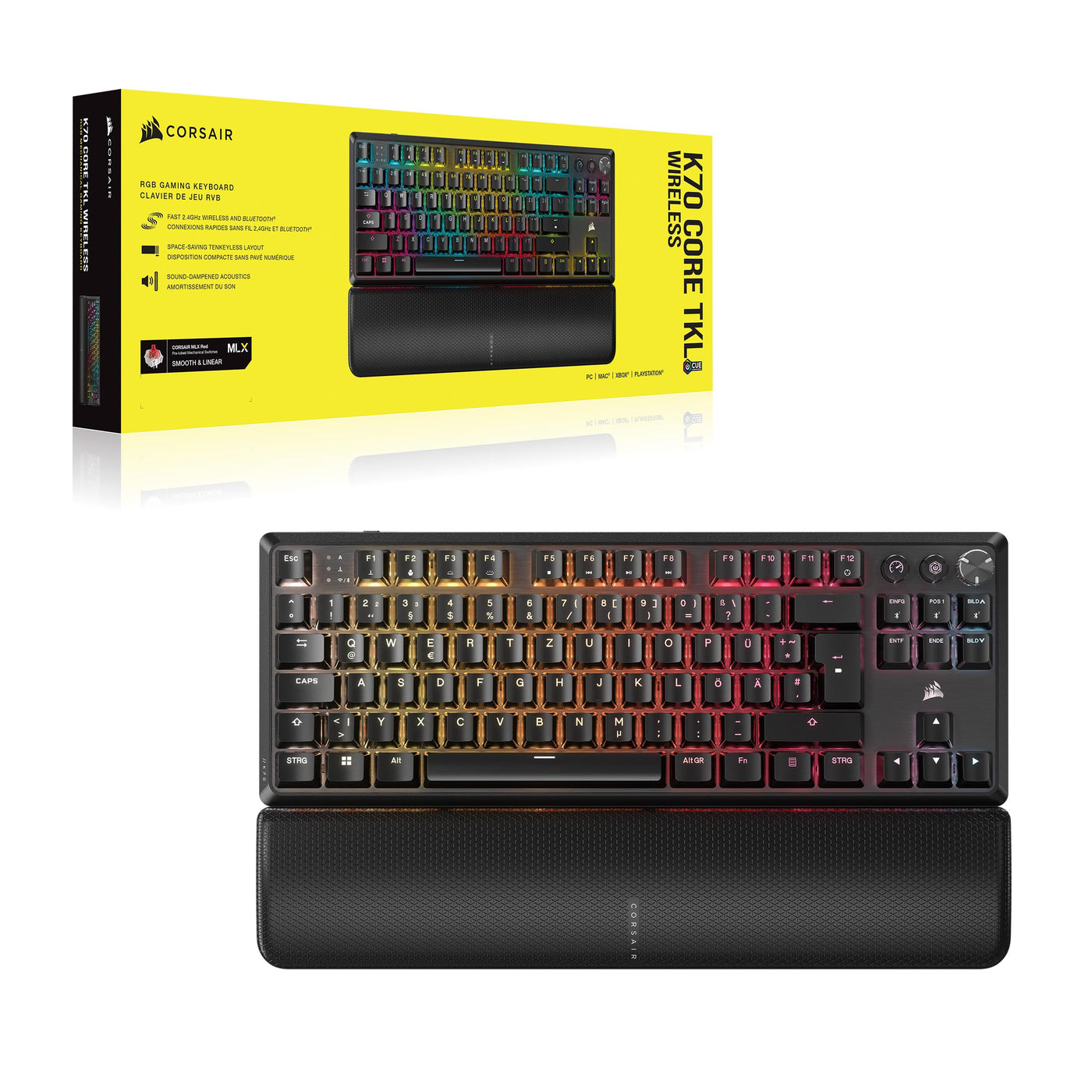 Corsair K70 CORE TKL Wireless RGB Mechanische Tenkeyless-Gaming-Tastatur – Vorgeschmierte MLX Red v2 Linear Switches – Zweischichtige Schalldämpfung – ABS Keycaps – QWERTZ DE – Schwarz