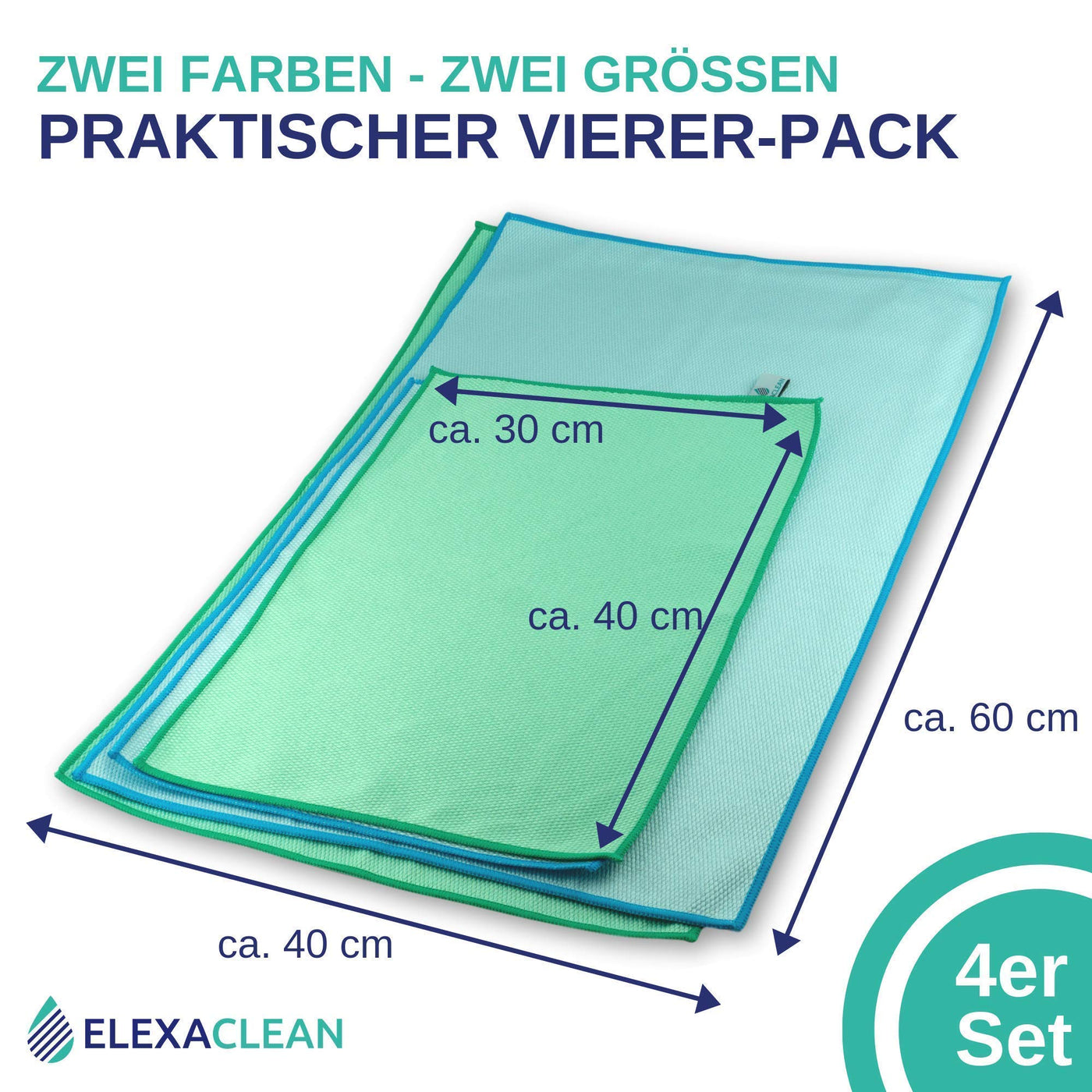 ELEXACLEAN Fenstertuch streifenfrei, Mikrofaser Scheibentuch (4 Stück, 60x40 cm & 40x30 cm) Oeko-TEX® Standard 100 - Glas Putztücher