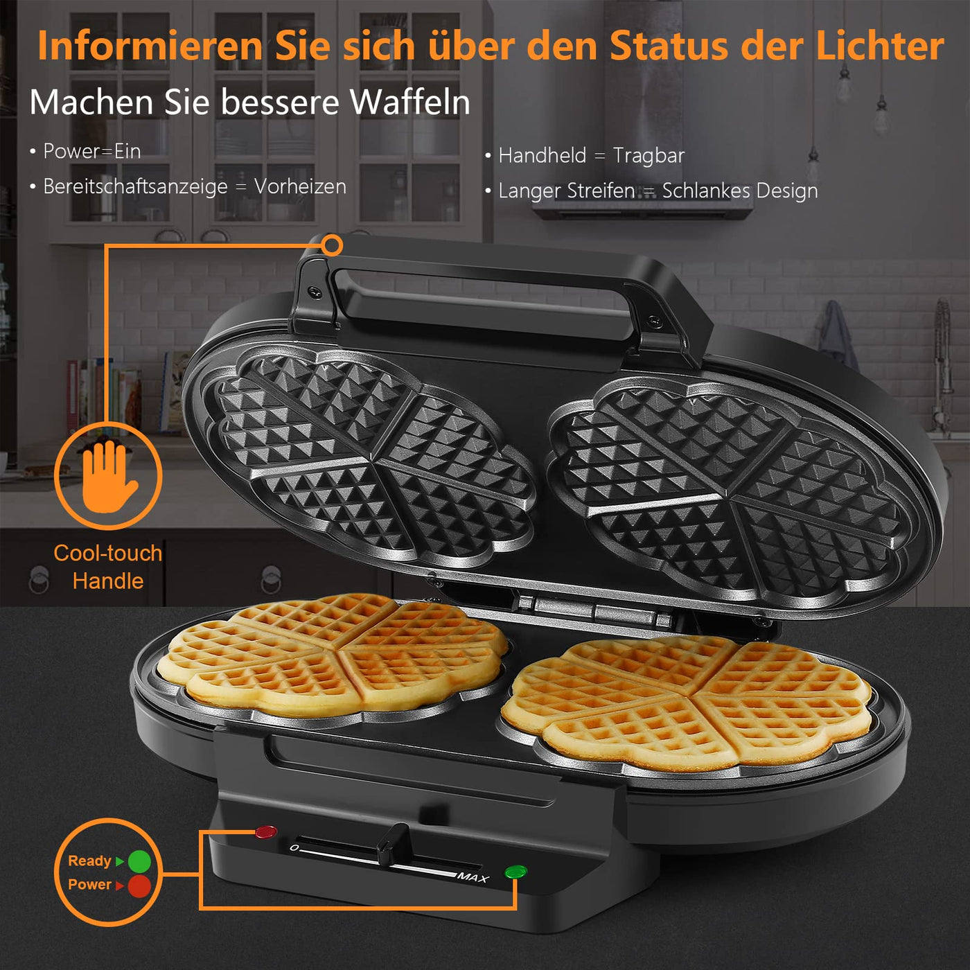 YASHE SW-2122M Waffeleisen Herzform Doppelt, 10 Klassische Herzförmige Waffeln mit Antihaftbeschichtung, 5 Einstellbare Temperaturstufen, Kontrollleuchten, Überlaufschutz, 1200W, Silber/Schwarz