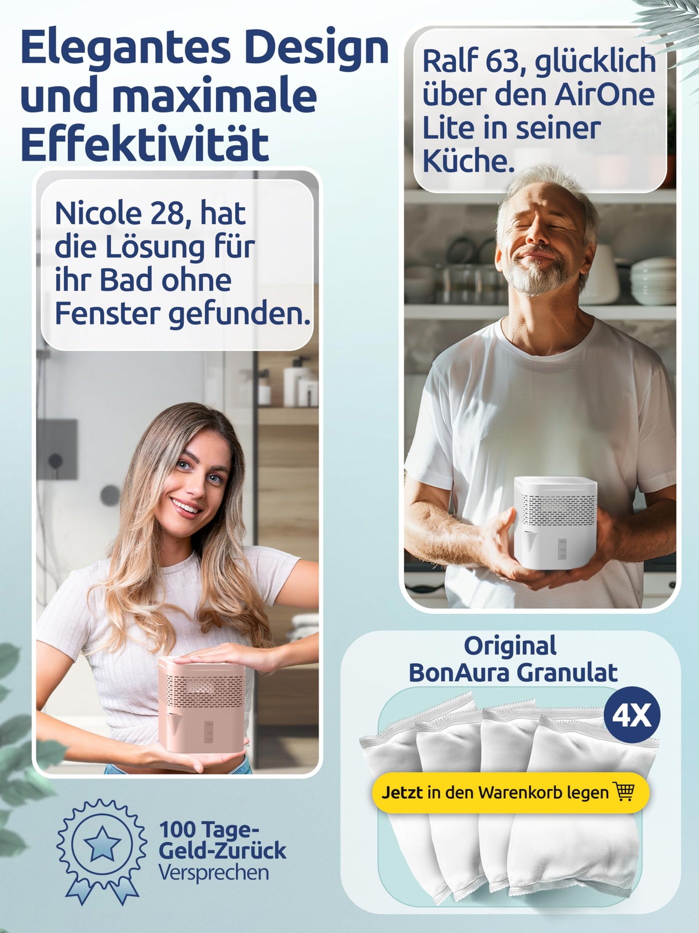 BonAura® AirOne Lite Luftentfeuchter ohne Strom mit 360° Belüftung I Raumentfeuchter mit Ausgießer & 450g Luftentfeuchter Granulat I Raum Entfeuchter für Bad & Küche bis 16m²