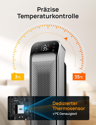 Dreo Heizlüfter Energiesparend Leise, 25 Zoll Keramik Heizung Elektrisch mit Fernbedienung und Thermostat, 2000W Elektroheizung, 3 Modus, 12-Std-Timer, Überhitzungs-Kippschutz, Solaris Max