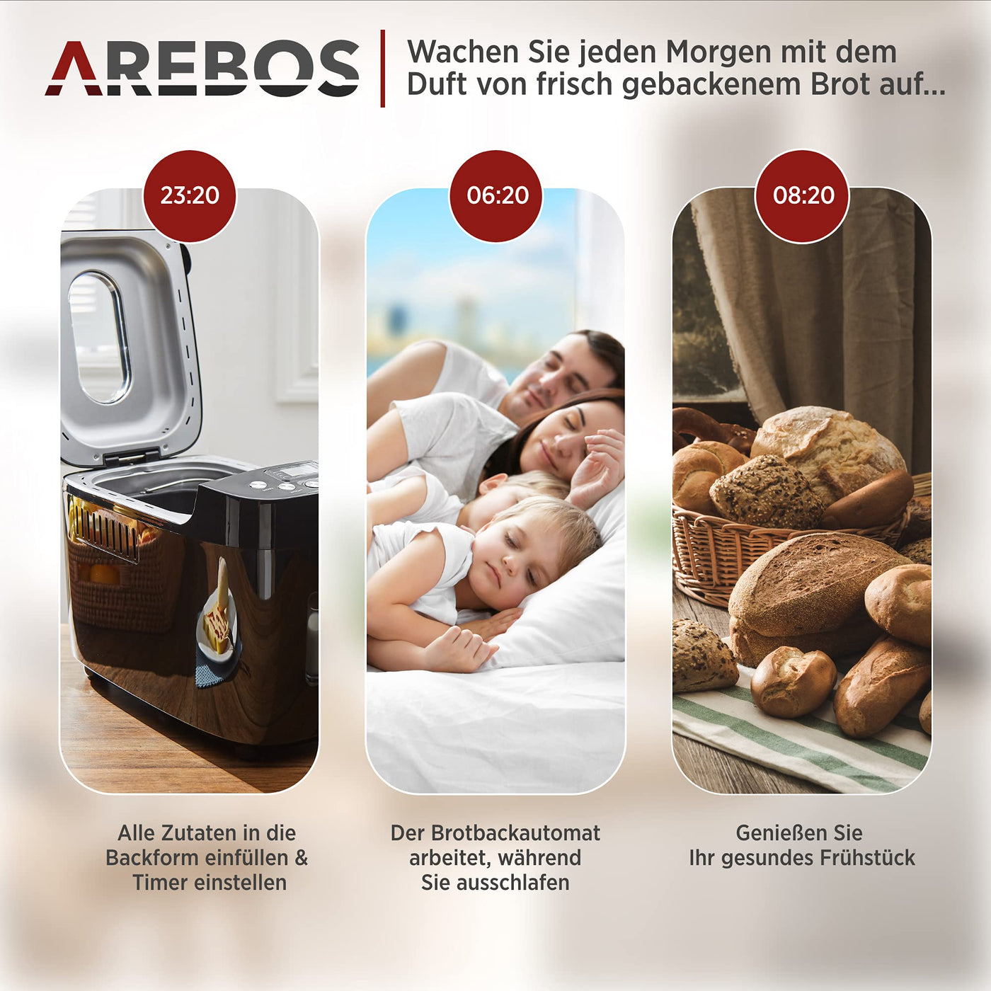 Arebos Brotbackautomat 1500g | mit 15 Programmen | 2 Knethaken | Timer | LCD Display | 3 Bräunungsgrade und Brotgrößen | 850 W | Schwarz