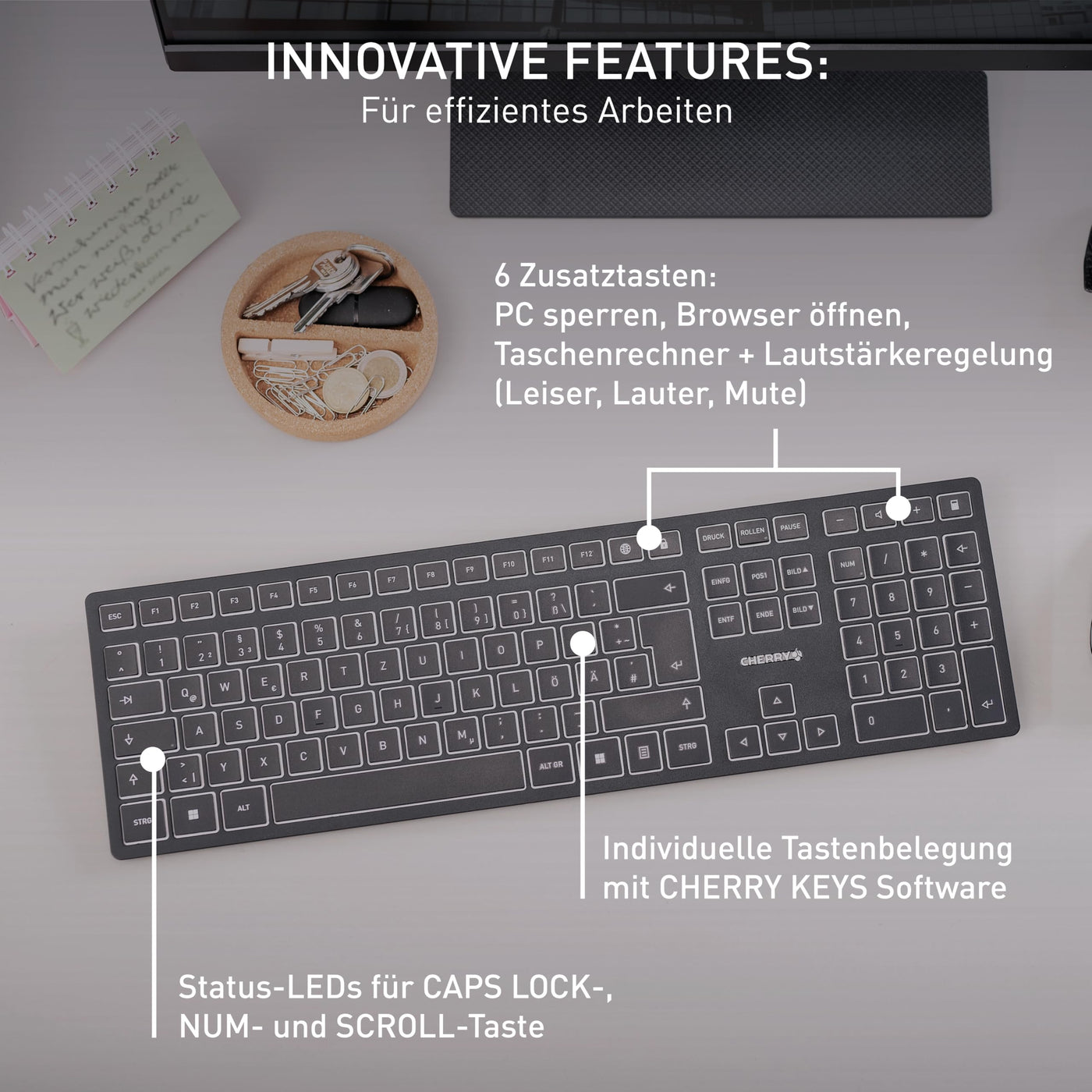 CHERRY KW 9100 SLIM, Kabellose Design-Tastatur, Deutsches Layout (QWERTZ), Wahlweise Bluetooth oder 2,4 GHz Funk, Flache Tasten, Wiederaufladbar, Schwarz-Grau