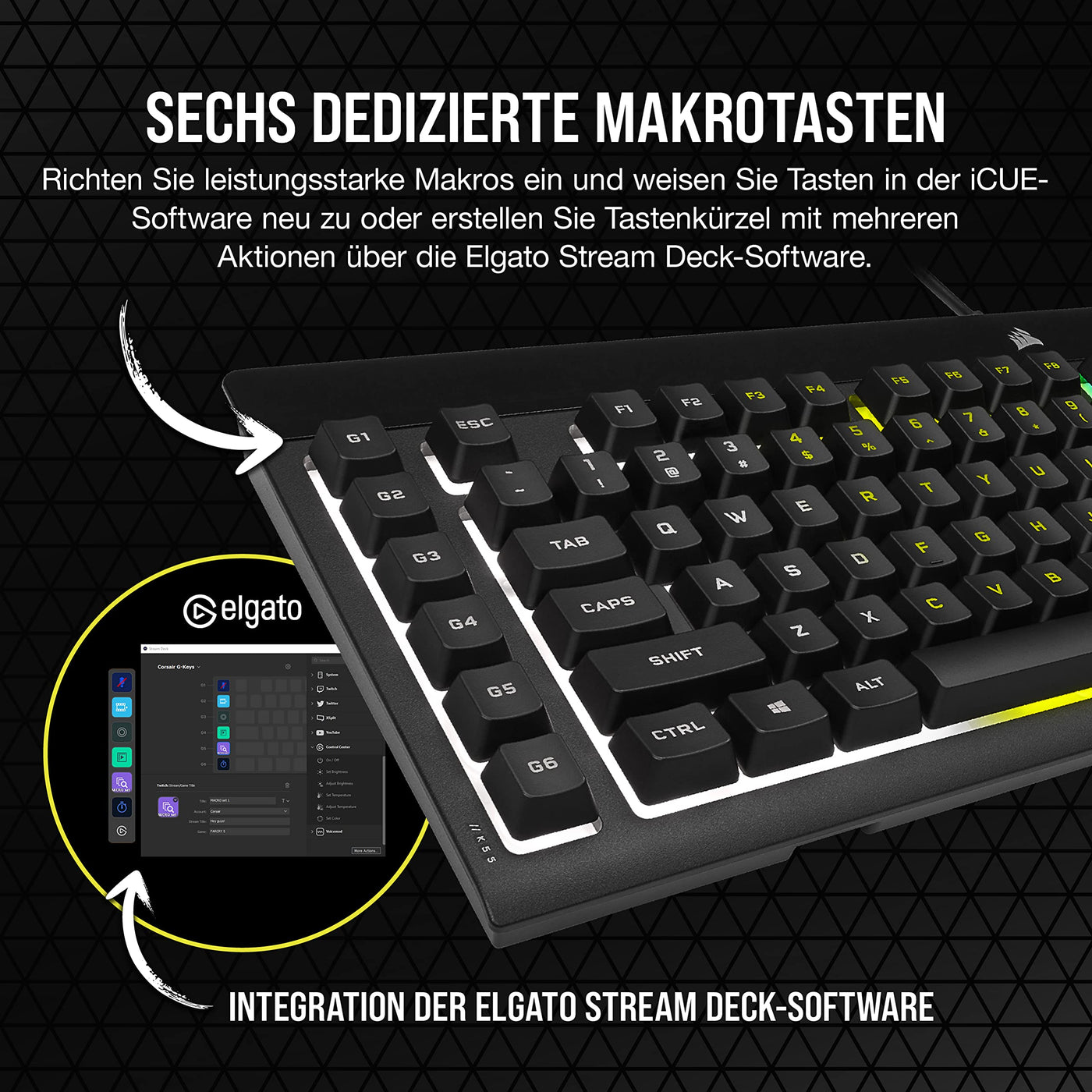 CORSAIR K55 RGB PRO Kabelgebundene Membrantastatur - IP42 staub- Und Spritzwassergeschützt - 6 Makro-Tasten Mit Elgato-Integration - iCUE-Kompatibel - QWERTZ DE - PC, Mac, Xbox - Schwarz