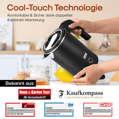 LEBENLANG Reise Wasserkocher Edelstahl Klein 0 5 Liter & BPA-Frei - Reisewasserkocher 600W Energiesparend Energieeffizienz - Mini Camping Kettle Schwarz 0.5 0,5 l