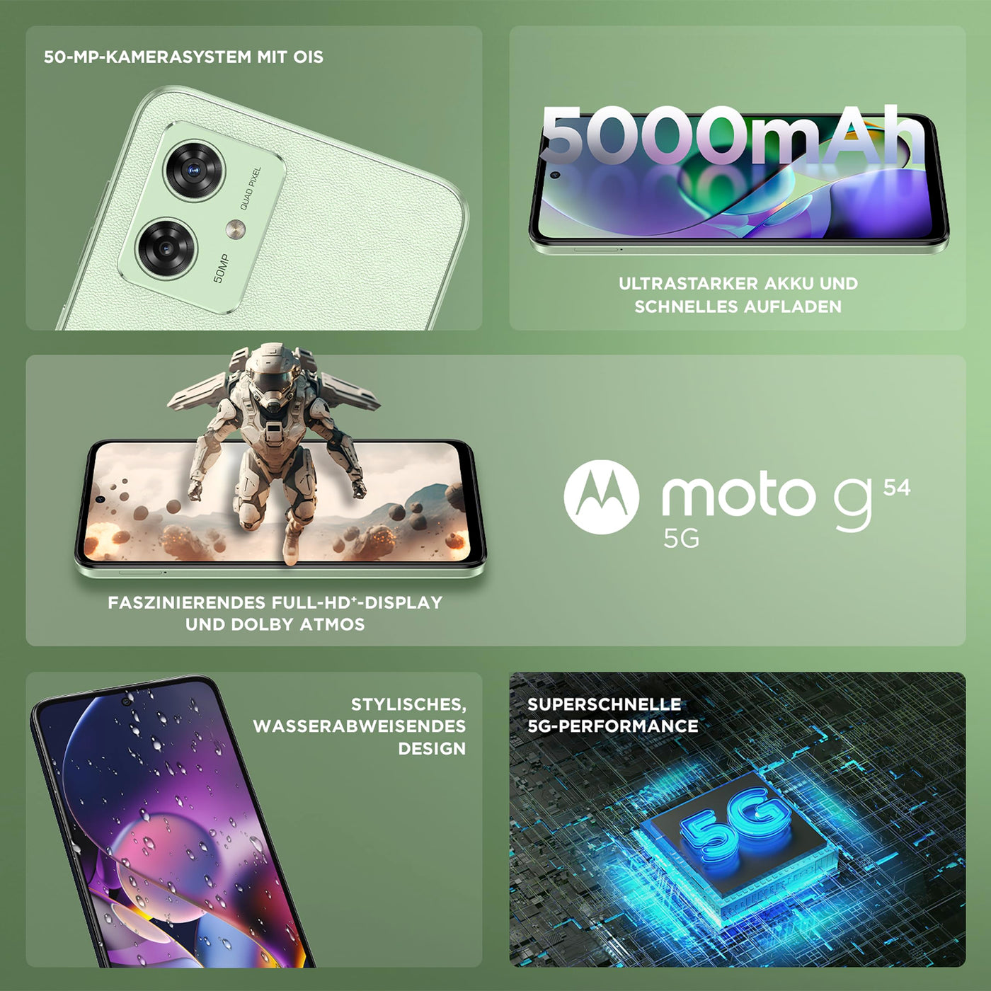 Motorola Mobility Moto g54 5G (6,5"-FHD+-Display, 50-MP-Dual-Kamera, 8/256 GB, 5000 mAh, Android 13) Mint Green (veganes Kunstleder), inkl. Schutzcover [Exklusiv bei Amazon]