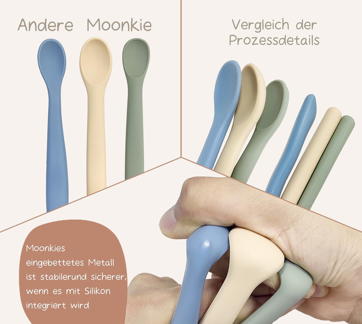 Moonkie Silikon-Baby-Löffel 4er-Set, mit weicher Spitze erste Phase der Säuglingsernährung, biegsame, kausichere -Trainingslöffel, ideal für die Selbstfütterung und Led Weaning