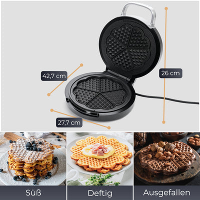 KLAMER Waffeleisen Herzwaffel, Waffeln in Herzform, 5 Stufen, hochwertige Antihaftbeschichtung, leichte Reinigung, 1.000W, schwarz