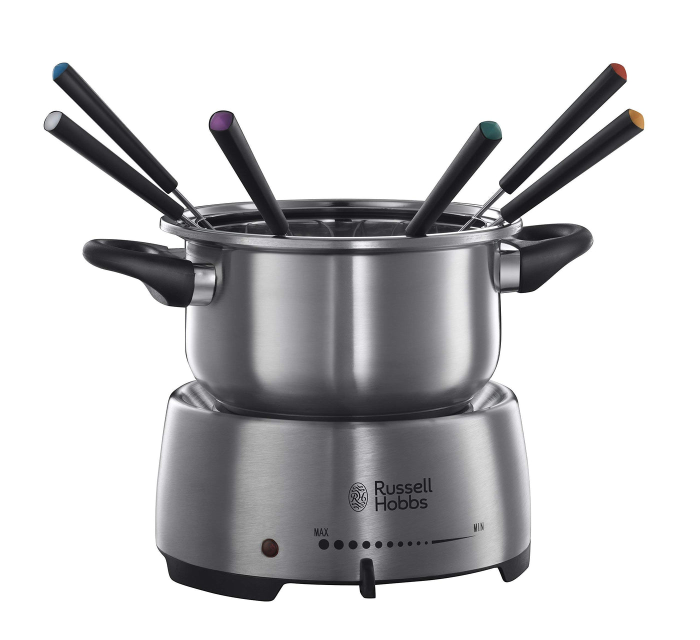 Russell Hobbs elektrisch Set [Käsefondue, Schokofondue oder Öl-/Brühe-Fondue] Fiesta (inkl. 6 farbige Gabeln, spülmaschinenfester & antihaftbeschichteter 1,2l Edelstahl-Topf, 1200W) 22560-56