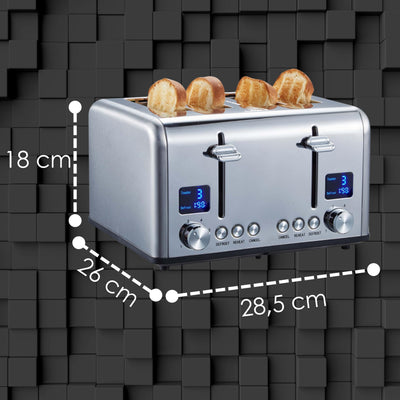 Grille-pain Steinborg à fente longue | Affichage numérique avec compte à rebours | Touches lumineuses | Grille-pain 4 tranches | Grille-pain XXL | 1630 watts | fixation du chignon | fonction dégivrage | tiroir à miettes |